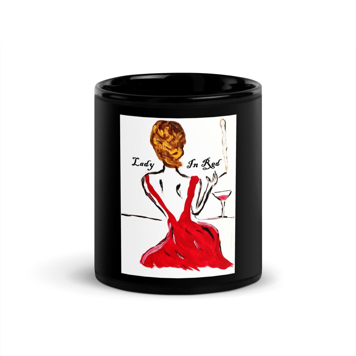 Lady In Red Black Glossy Mug