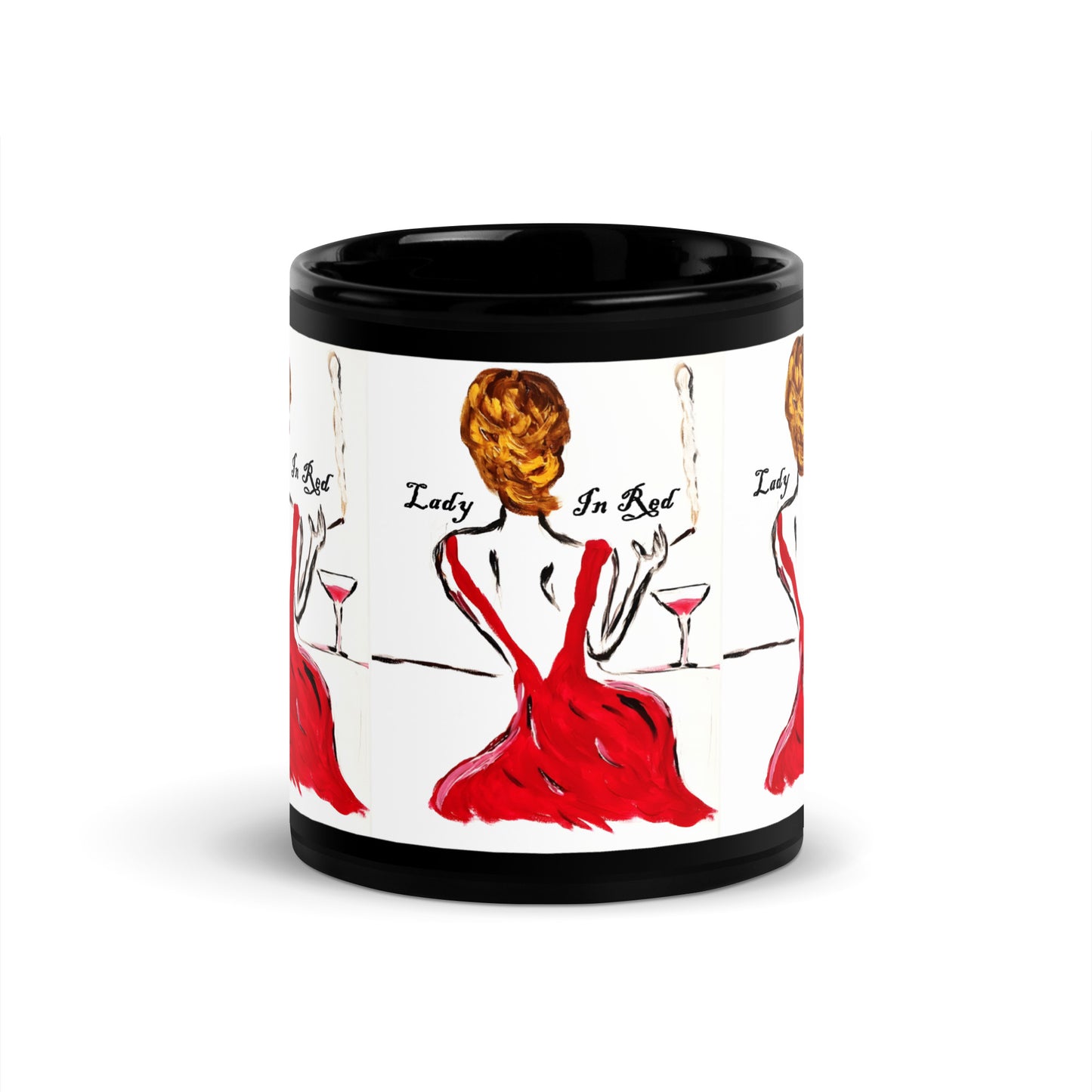 Lady In Red Black Glossy Mug