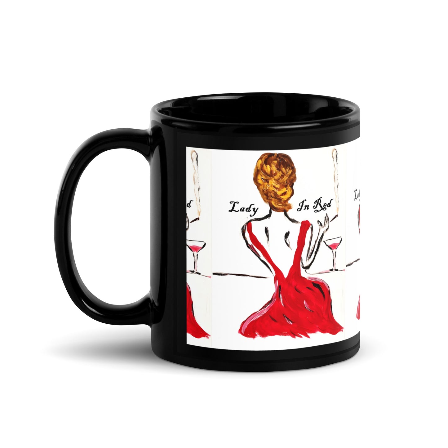 Lady In Red Black Glossy Mug