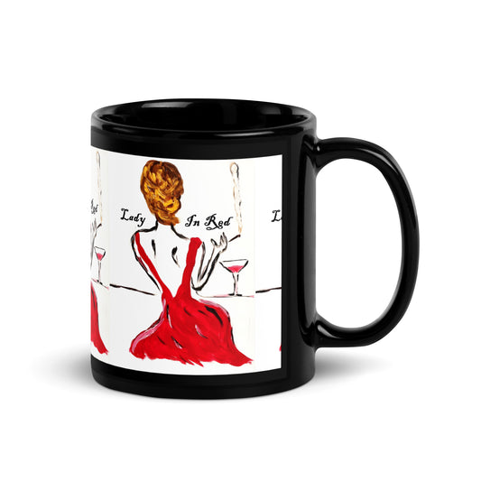 Lady In Red Black Glossy Mug