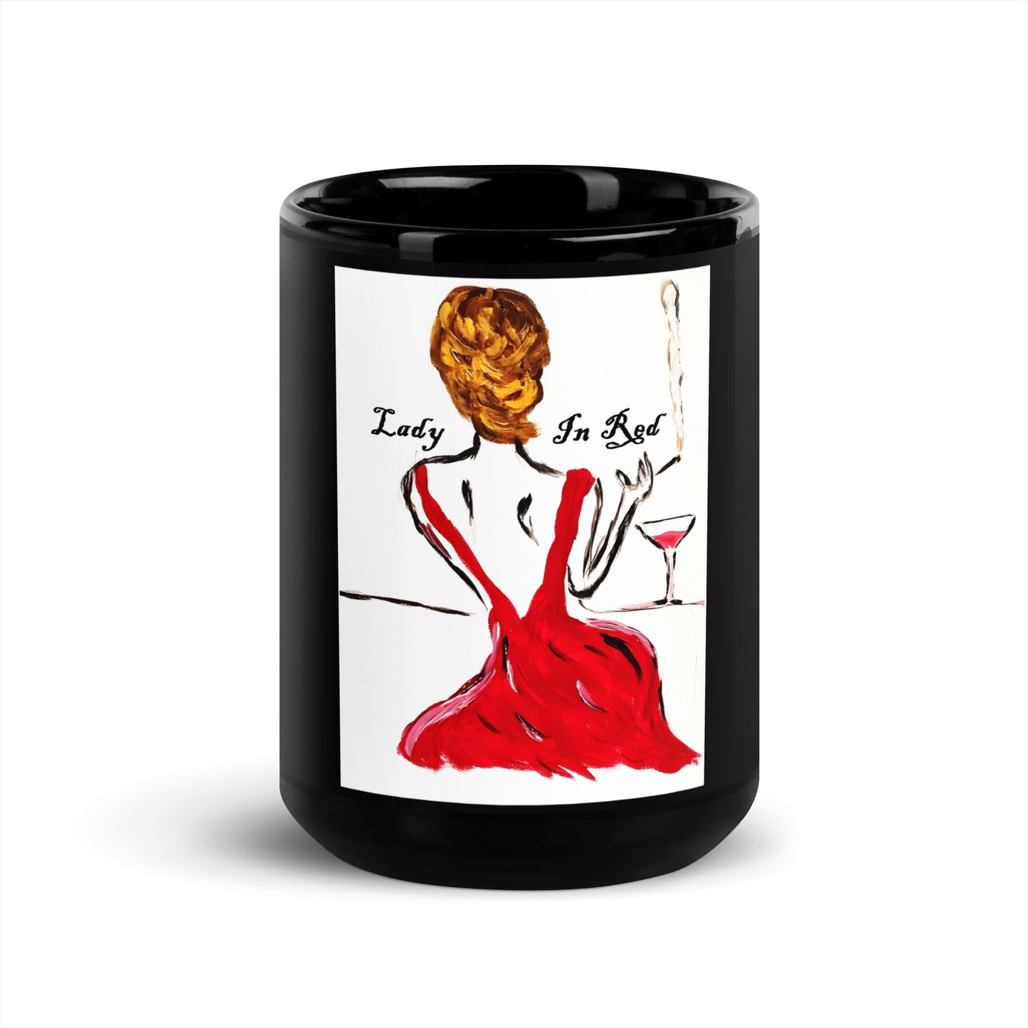 Lady In Red Black Glossy Mug