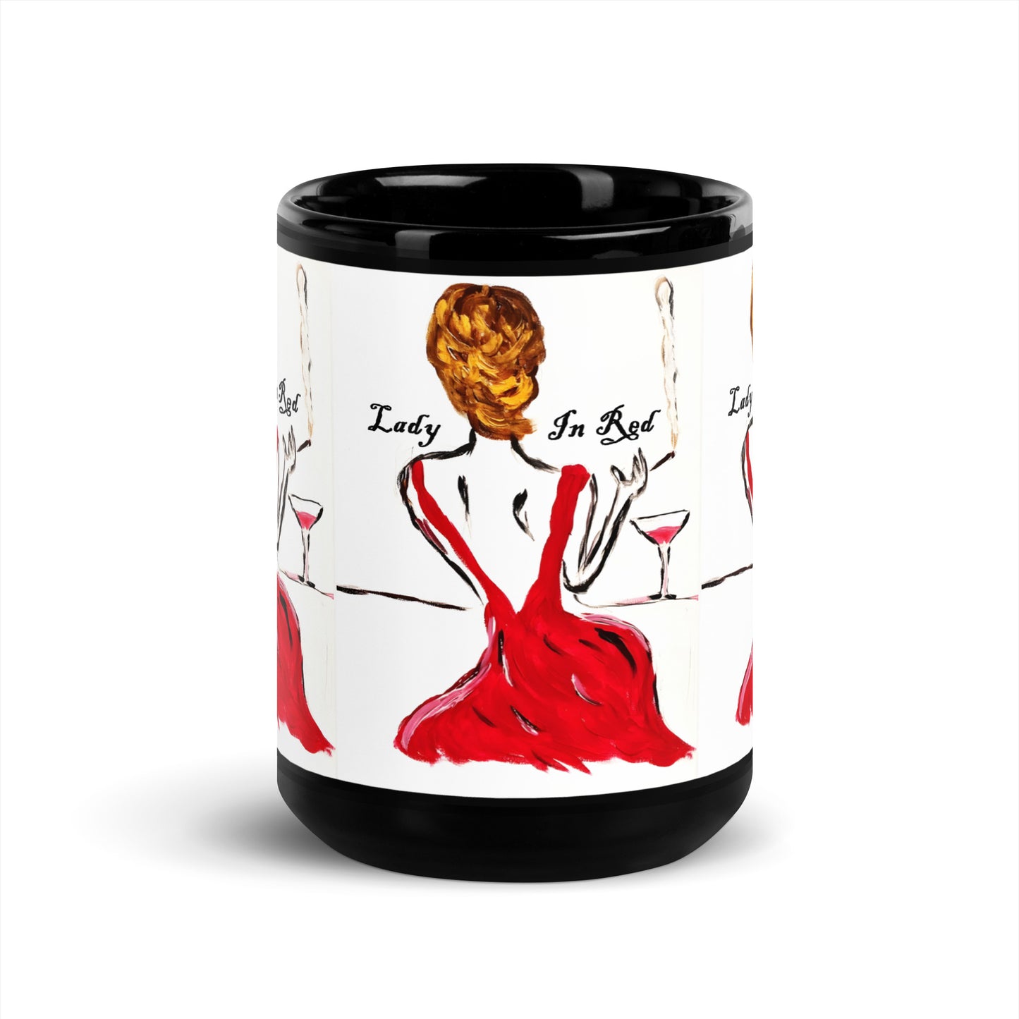 Lady In Red Black Glossy Mug