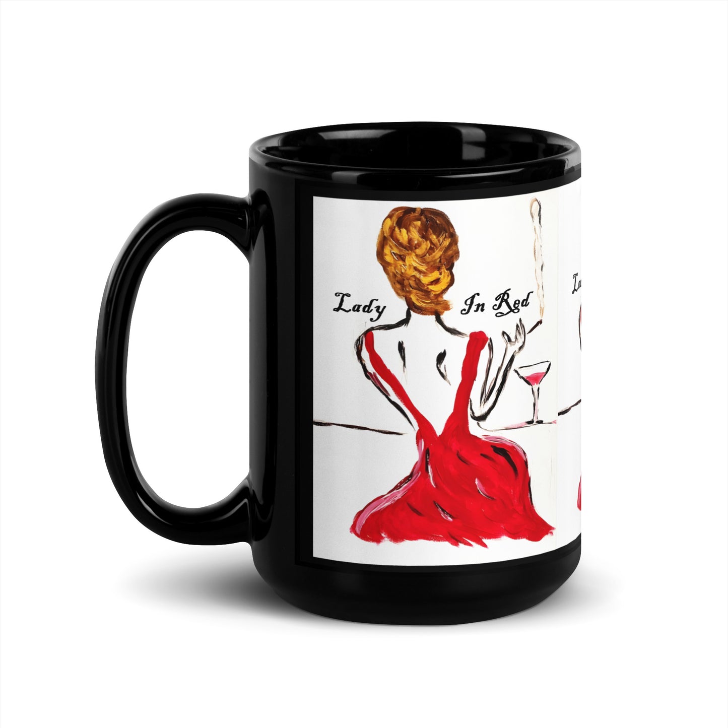 Lady In Red Black Glossy Mug