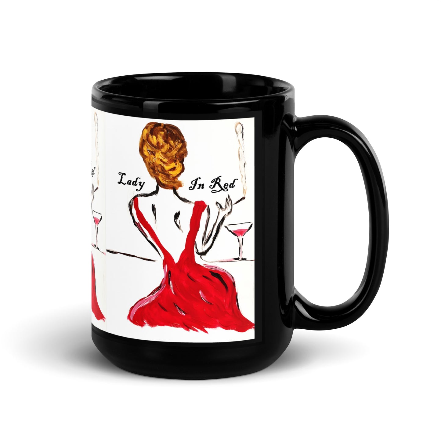 Lady In Red Black Glossy Mug