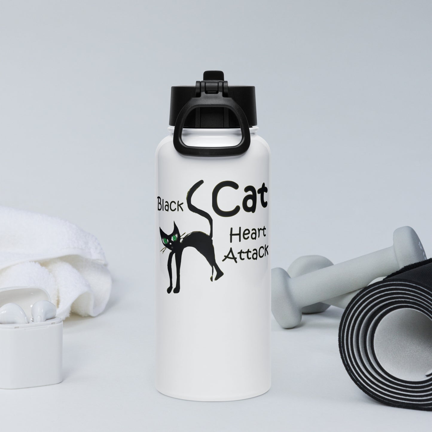 Black Cat Heart Attack Stainless steel water bottle with a straw lid