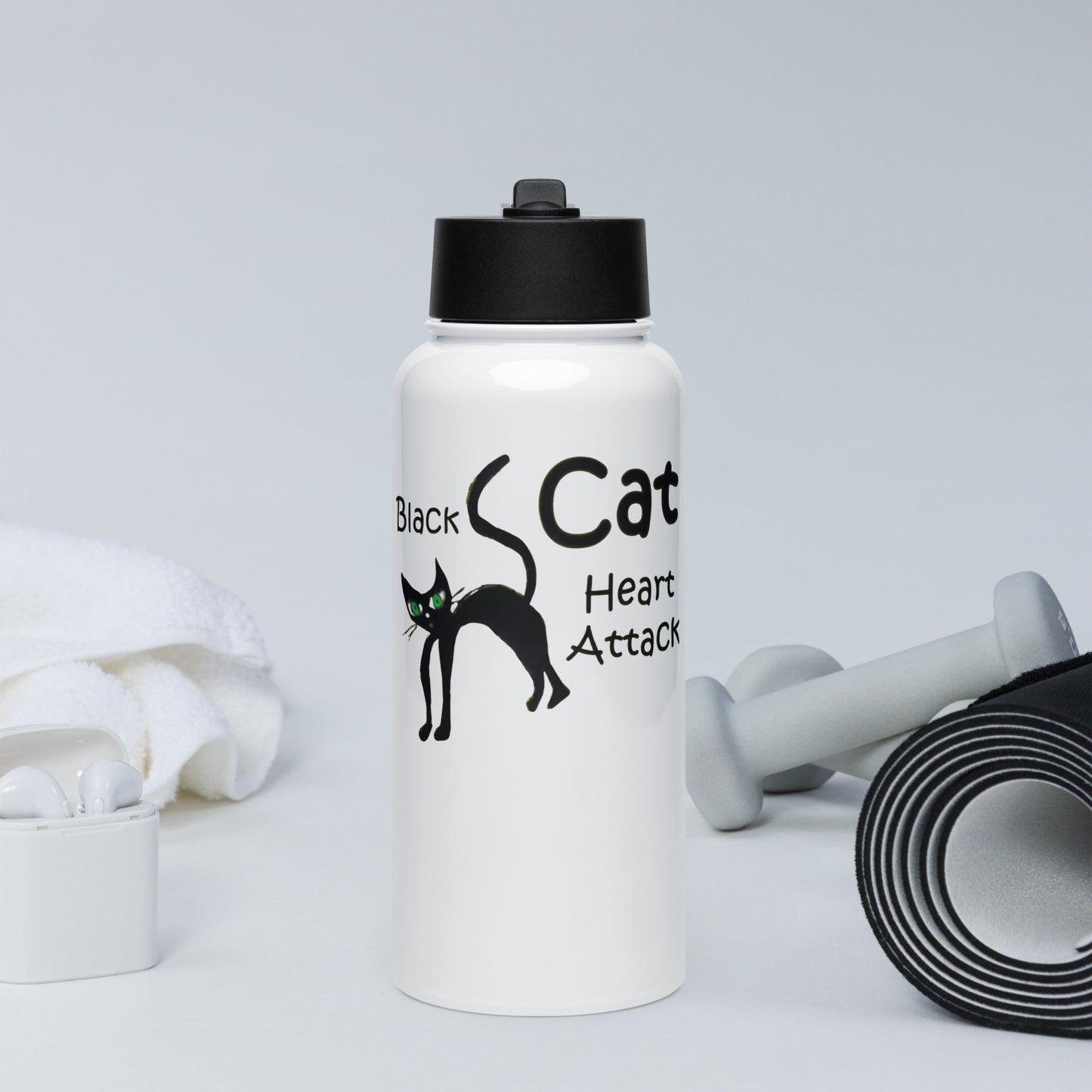 Black Cat Heart Attack Stainless steel water bottle with a straw lid