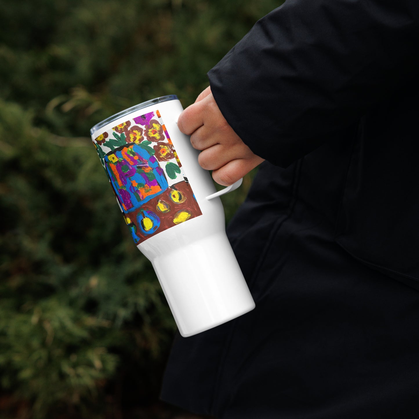 Flowers On The Table Travel mug with a handle