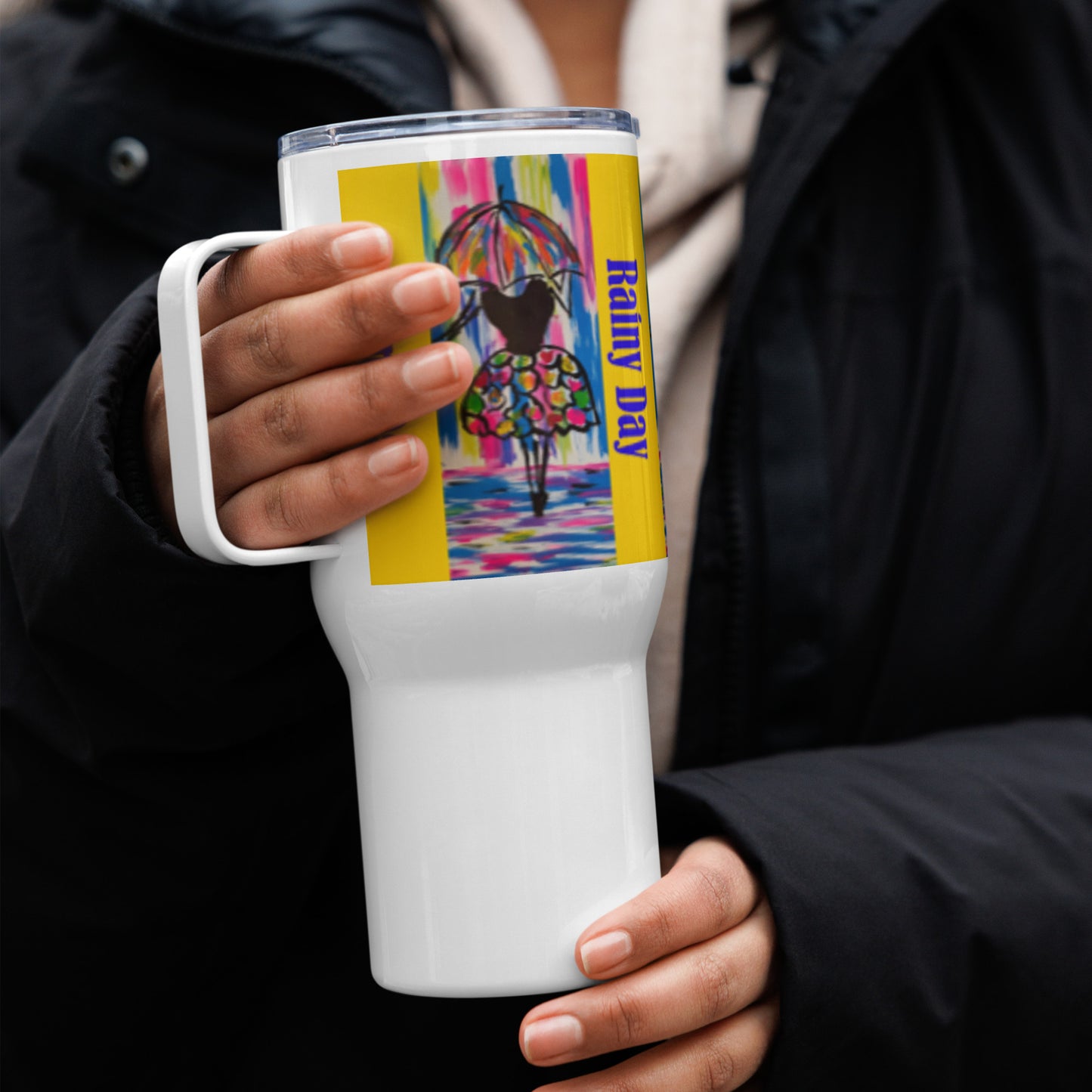 Rainy Day Travel mug with a handle