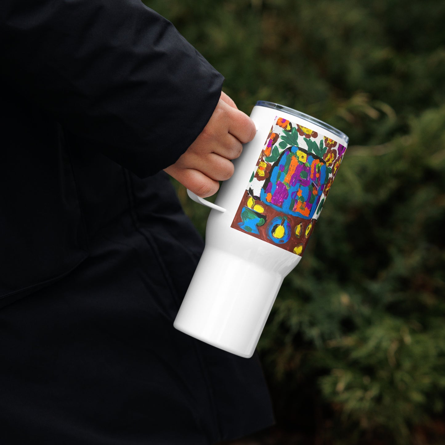 Flowers On The Table Travel mug with a handle